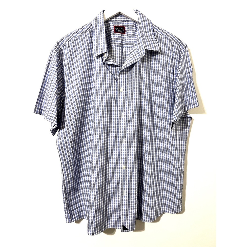 UNTUCKIT Blue Plaid Button Down Short Sleeve Shirt Excellent 100% Cotton XXL